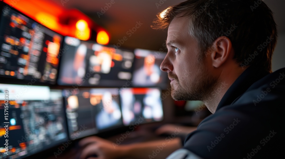 Poster tech professional analyzing data on multiple monitors in a dark office environment during evening ho