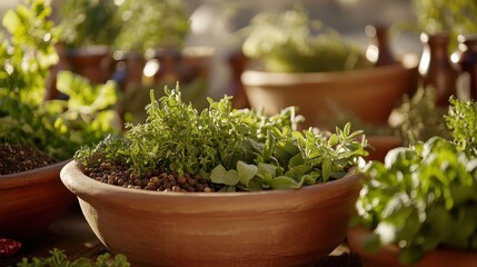 Fresh Culinary Herbs in Rustic Pots on a Sunlit Garden Table