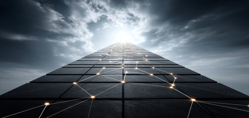 Towering skyscraper reaches towards sky, symbolizing ambition and innovation. structure is adorned with glowing connections, representing technology and progress
