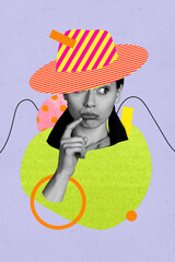 Image banner vertical art collage of happy minded girl wear striped hat hand hold chin...