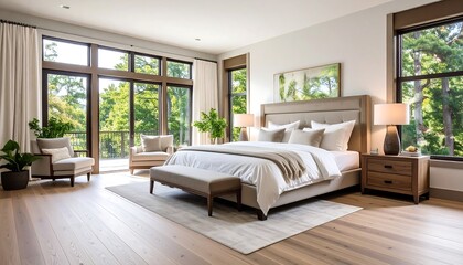 Modern bedroom with large windows