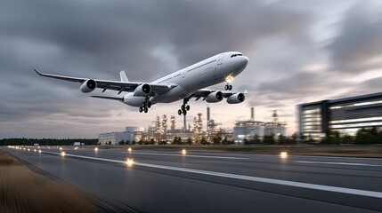 An airplane takes off against a backdrop of glowing industrial lights at sunset, showcasing detailed features and vibrant colors
