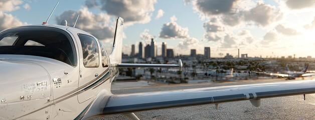 Fototapeta premium An airplane takes off against a backdrop of glowing industrial lights at sunset, showcasing detailed features and vibrant colors