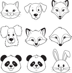 Fototapeta premium Cute animal faces cat dog fox panda bunny vector