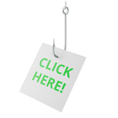 Fishing hook with click here sign. Internet phishing or online scam, concept. 3D rendering isolated on transparent background