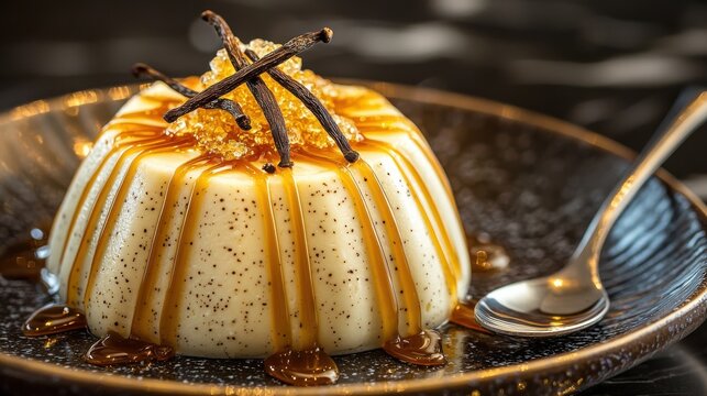 Vanilla bean specks visible throughout creamy panna cotta with caramel sauce and crossed vanilla beans at upscale dining establishment