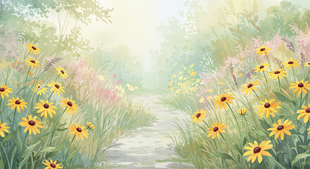 serene pathway surrounded by vibrant wildflowers creates peaceful atmosphere