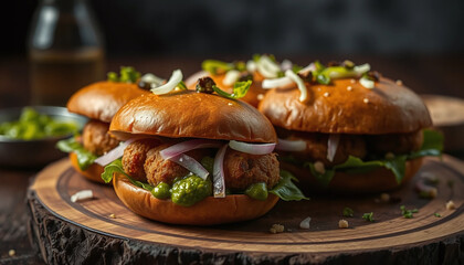 Delicious burgers with crispy patties, fresh vegetables, and sauces