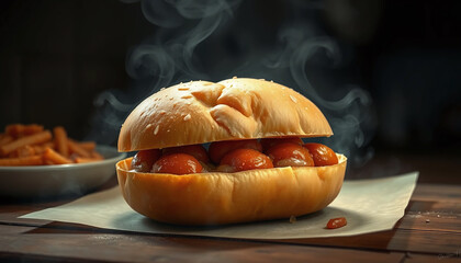 Delicious hot dog with smoky steam, served on wooden table