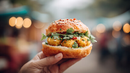 Delicious vada pav with fresh coriander in soft bun, perfect street food!