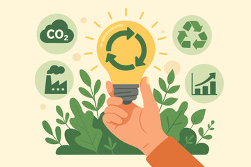 Circular economy concept. Hand holding light bulb with recycle arrows. Sustainable energy, CO2 reduction, eco-friendly business growth, green industry, reuse and recycling materials