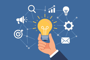 Hand Holding Light Bulb Business Innovation Concept. Digital Marketing Technology Icons, Network Connections, Creative Ideas, Target, Email, Gear, Flat Vector Illustration
