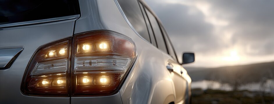 Detailed shot of a sleek SUV with reflective chrome taillights against a cityscape, highlighting contemporary design and craftsmanship