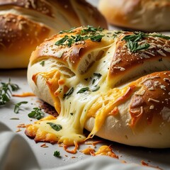 Assorted breads topped with cheese sesame seeds and herbs on a plate