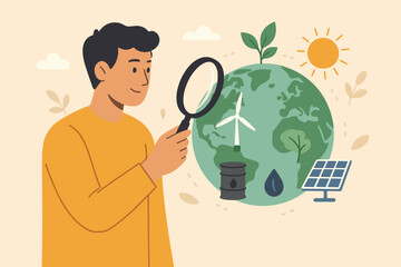 Man Analyzing Global Energy Consumption with Magnifying Glass, Renewable and Nonrenewable Sources, Sustainability, Ecology, Solar, Wind, Oil, Environmental Awareness Concept