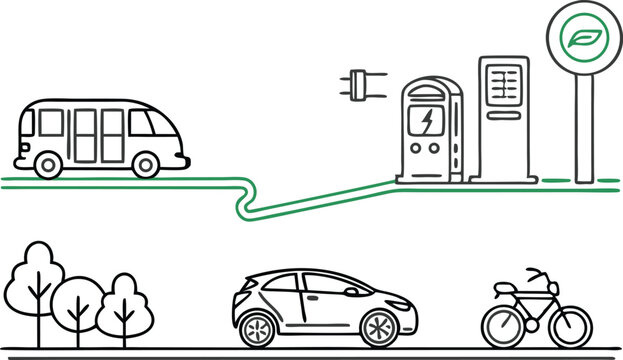 Eco friendly transport methods present clean energy future and sustainable resources for environment.
