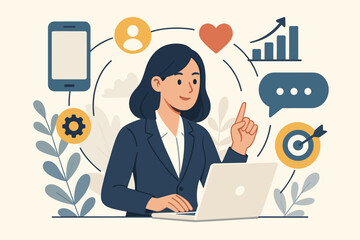 Businesswoman using laptop surrounded by social media icons, digital marketing, communication, analytics, target, teamwork, modern business technology concept illustration