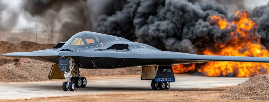 B-2 bomber stands on the runway while firefighters sprint towards a large explosion, creating a striking contrast in a dramatic setting