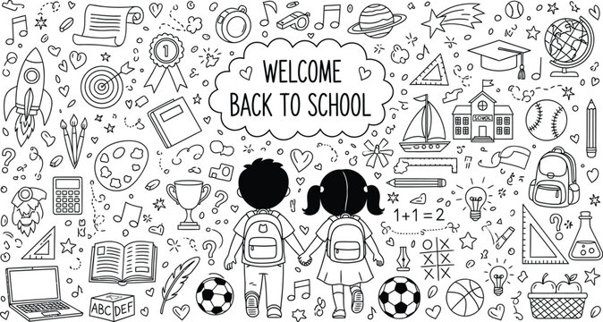 Welcome back to school doodle illustration with school supplies and kids hand drawn vector design 100 char