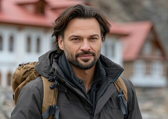 Gazing at stunning landscapes, a young man in outdoor attire admires the vibrant mountain surroundings and colorful houses.