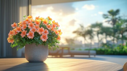 Orange blossoms in a vase on a patio table, sunlight streaming through