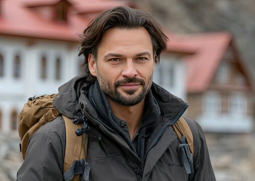 Gazing at stunning landscapes, a young man in outdoor attire admires the vibrant mountain surroundings and colorful houses.
