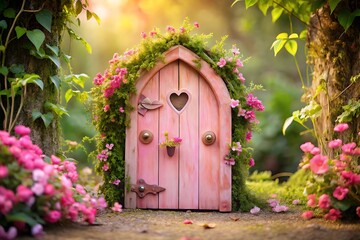 A charming pink fairy door adorned with flowers and greenery invites you to step into a magical garden filled with wonder and enchantment