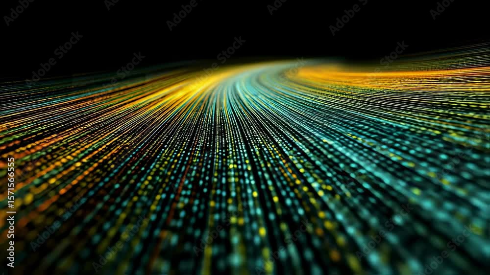 Poster conceptual illustration of a digital highway with cascading streams of binary code representing the 