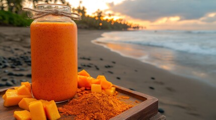 Orange smoothie in a jar on a beach at sunset