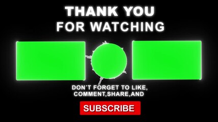 YouTube channel with reminder button subscribe on a colored rings background and two templates for video Green screen chroma key  Thanks for watching subscribe