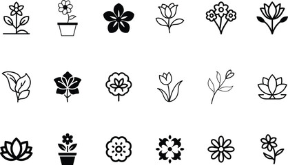 Collection of simple black and white flower icons and botanical illustrations