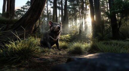 Un diable de Tasmanie assis dans l'herbe dans une forêt australienne, la lumière du soleil traversant les arbres avec une légère brume flottant dans l'air.