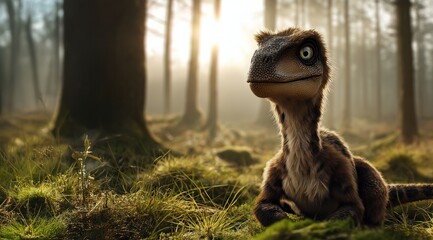 Un bébé dinosaure velociraptor tapis dans l'herbe d'une forêt préhistorique, portrait en gros plan, lumière du soleil traversant les arbres.