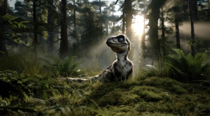 Un bébé dinosaure velociraptor dans une forêt préhistorique, lumière du soleil traversant les arbres.