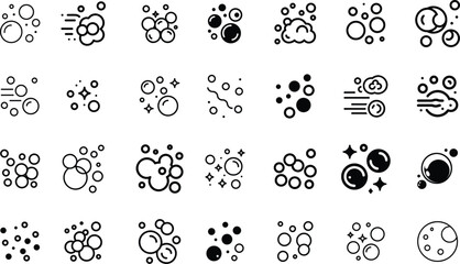 Collection of clean and sparkling bubble icons representing washing and cleaning