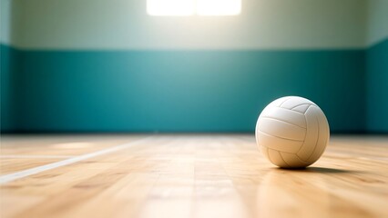 Single white volleyball resting on a polished wooden gymnasium floor with teal walls