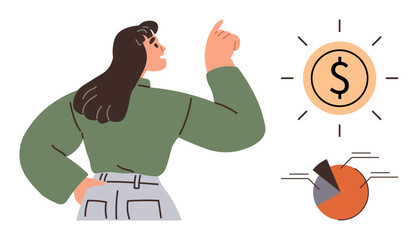 Woman pointing upward at dollar symbol surrounded by rays, emphasizing financial focus with pie chart. Ideal for wealth planning, business strategy, entrepreneurship, finance education, investment