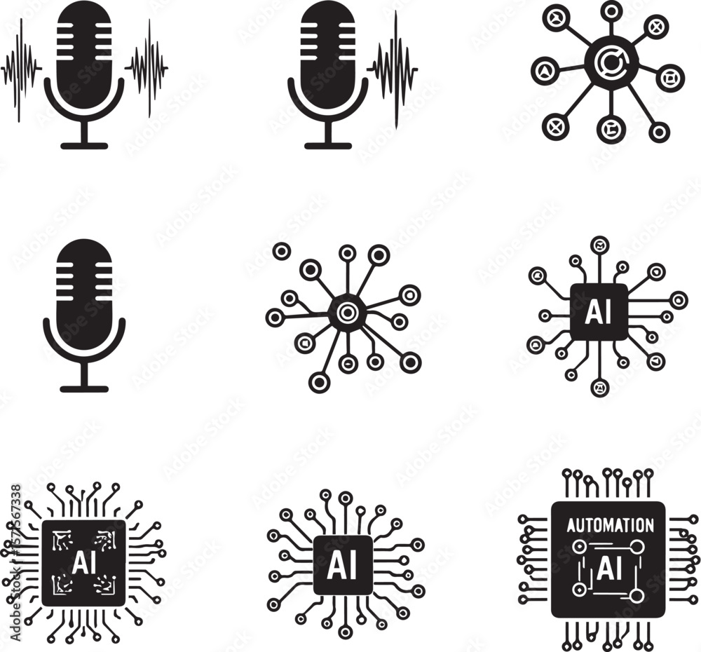 Poster microphone sound wave circuit chip artificial intelligence automation vector