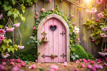 A whimsical pink fairy door nestled in a lush garden, surrounded by flowers and greenery, invites you to step into a world of magic and wonder