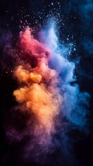 Colorful explosion of powdered pigments creating an abstract art piece in vivid hues against a black background