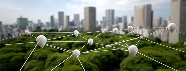 GPS icons linked by lines create a digital map view above a vibrant city, symbolizing advanced geolocation systems in daily life