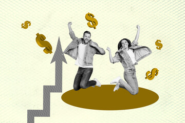 Exclusive pop collage of happy businessman businesswoman receive progress dollar capital currency...