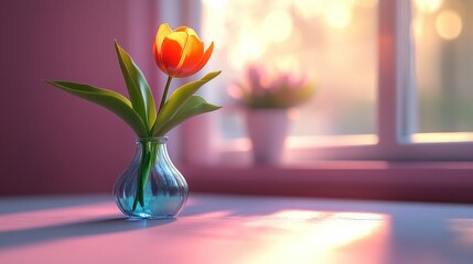 Orange tulip in a vase by a window. Sunlight streams in