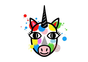 Fototapeta premium Colorful cartoon unicorn with artistic splashes and whimsical expression