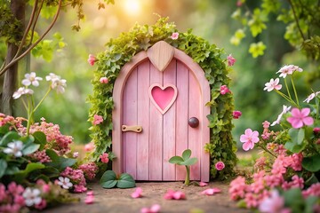 A charming pink fairy door, adorned with flowers and greenery, stands as a gateway to a magical garden filled with wonder and enchantment