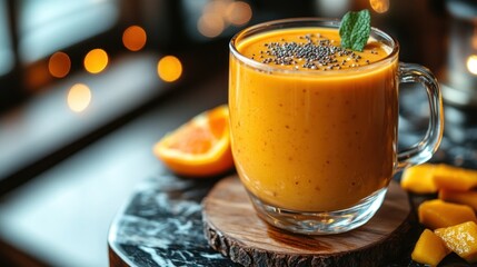 Orange-mango smoothie in a glass mug.  Fresh, vibrant, and healthy