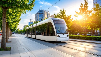 Obraz premium Modern tram in city street at sunset