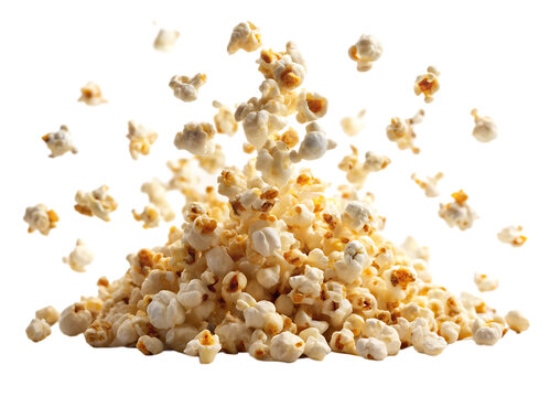Pile of fluffy white popcorn kernels with some pieces flying upwards against a black background – A I Generated isolated on a transparent background