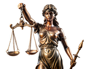 Fototapeta premium Bronze statue of Lady Justice holding scales and sword with studio lighting isolated on a transparent background