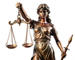 Bronze statue of Lady Justice holding scales and sword with studio lighting isolated on a transparent background